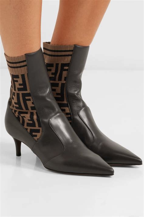 fendi rockoko logo jacquard stretch knit and leather ankle boots